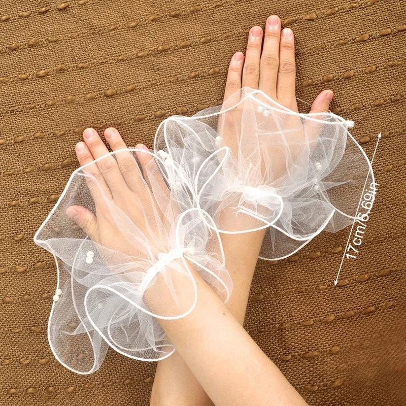 Women's Ruffled Tulle Wrist Cuffs Elastic Mesh Yarn Pearls Fake Sleeves For Wedding Bridal Dress Decor Girls Nail Photo Props