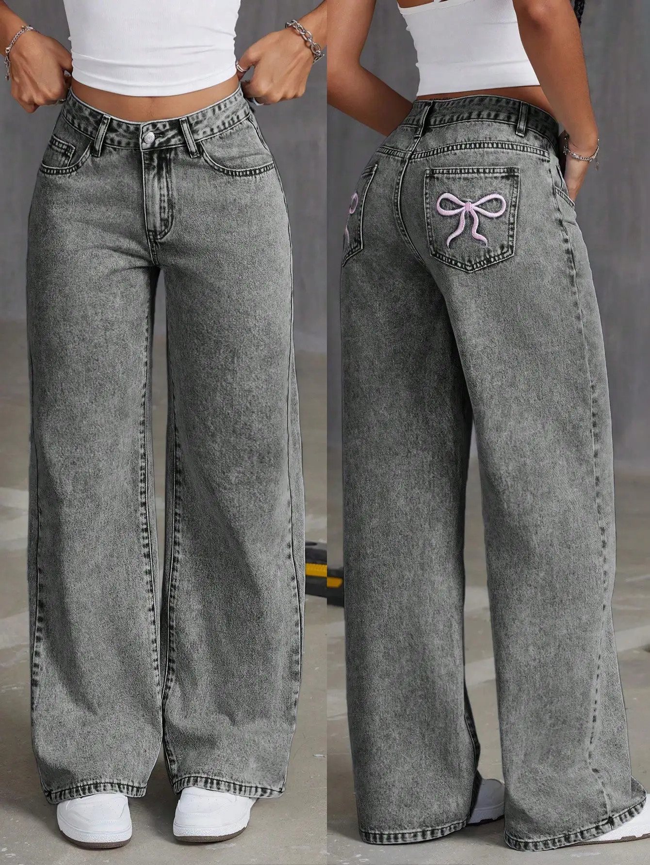 

Женские джинсы с высокой талией, широкими штанинами и вышитым карманом с бантом