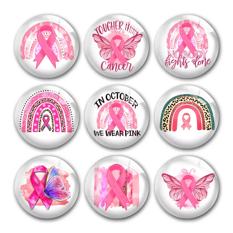 

Pink Ribbon Breast Cancer Butterfly Fight Round Photo Glass Cabochon Demo Flat Back For DIY Jewelry Making Supplies Snap Button