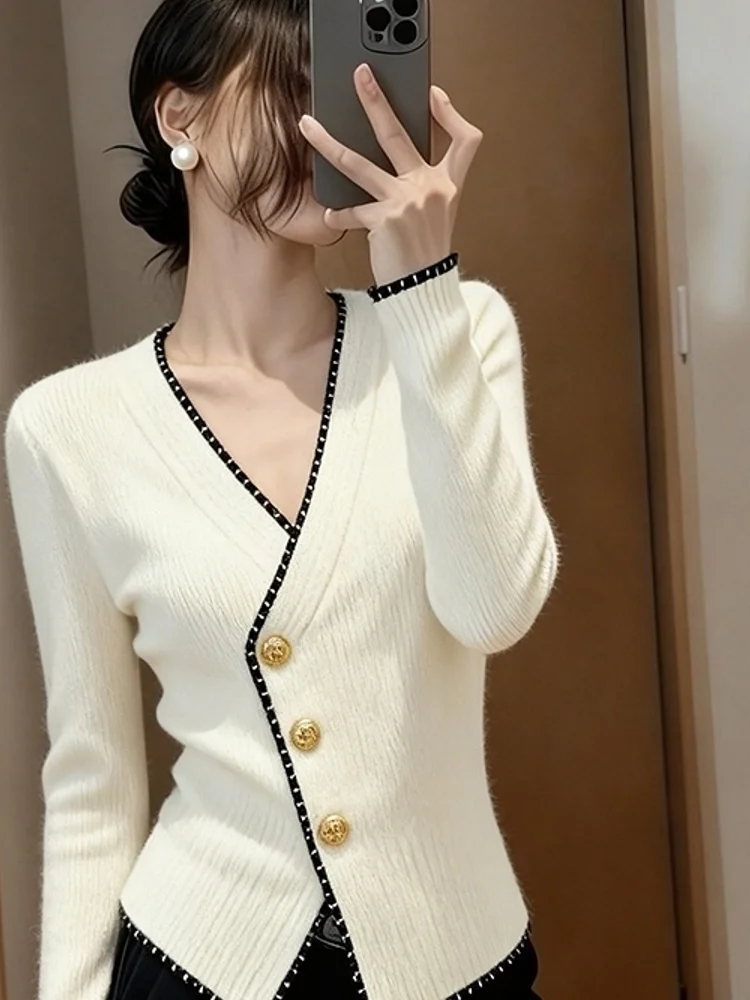 

Soft Cozy V-Ne Knitted Sweater White Faionable Early Autumn High Waist Cap Top Korean Sle Commute Faion Ladies' C...