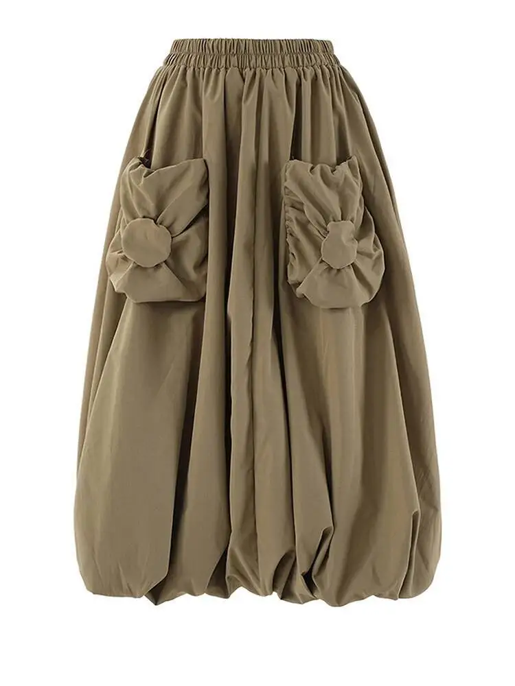 Khaki High Elastic Waist Pocket Shaped A-line Casual Half-body Skirt Women Fashion New Spring Autumn 2026 CPG7W8D