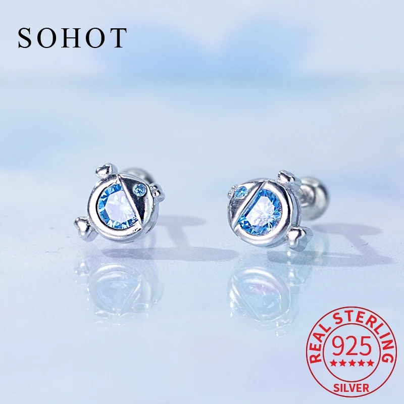 

Real 925 Sterling Silver Piercing Screw Bead Blue Zircon Animal Mini Stud Earrings for Women Fine Jewelry Exquisite Accessories