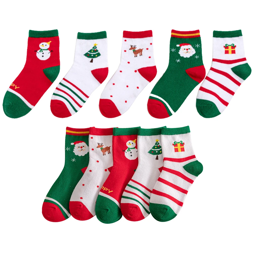 

5pcs 5 Pairs Christmas For Kids Girls Cute Patterned Cotton Ankle Spring Autumn Warm Comfortable Holiday Gift Children Low Cut
