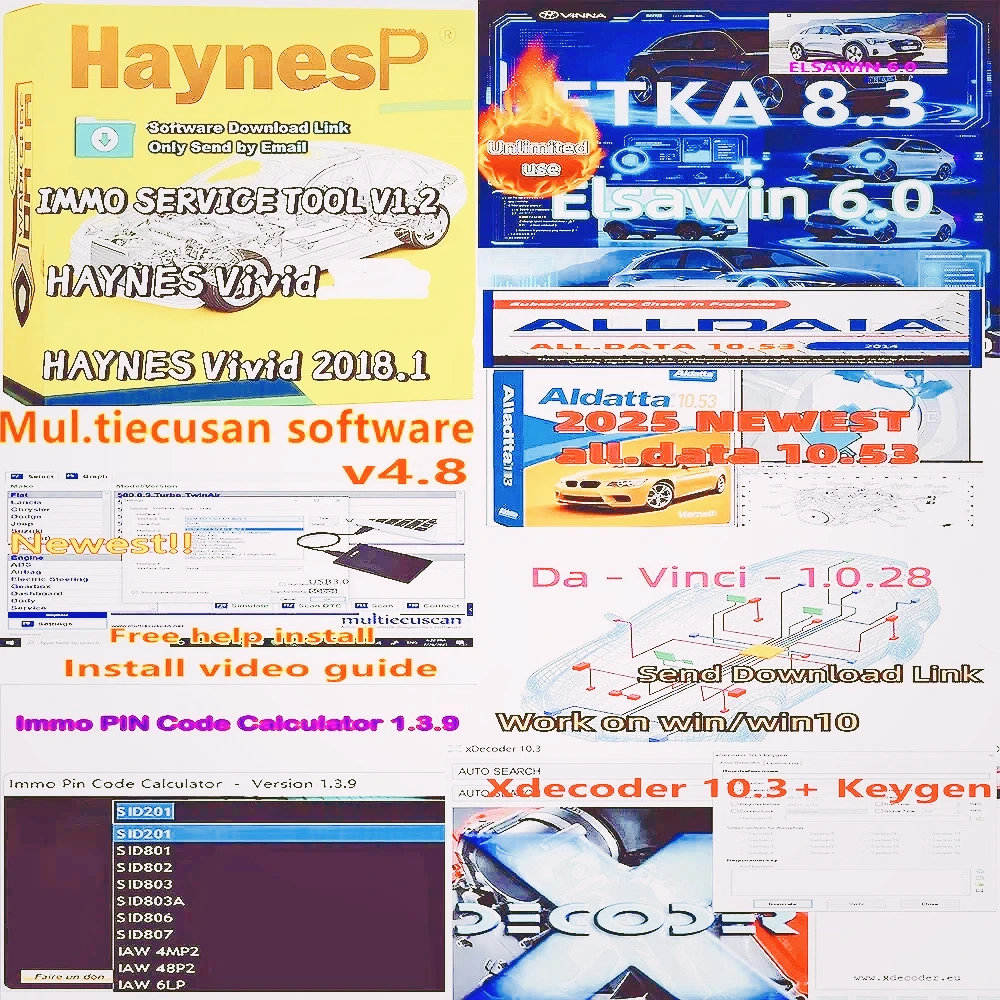 

9en 1Software Alldata 10.53 Etka 8.5 Elsawin 6.0 XDECODER V10.3 IMMO V1.2 Calculator 1.3.9 Multi-ecu-scan 4.8 Davin 1.0.28 vivd2