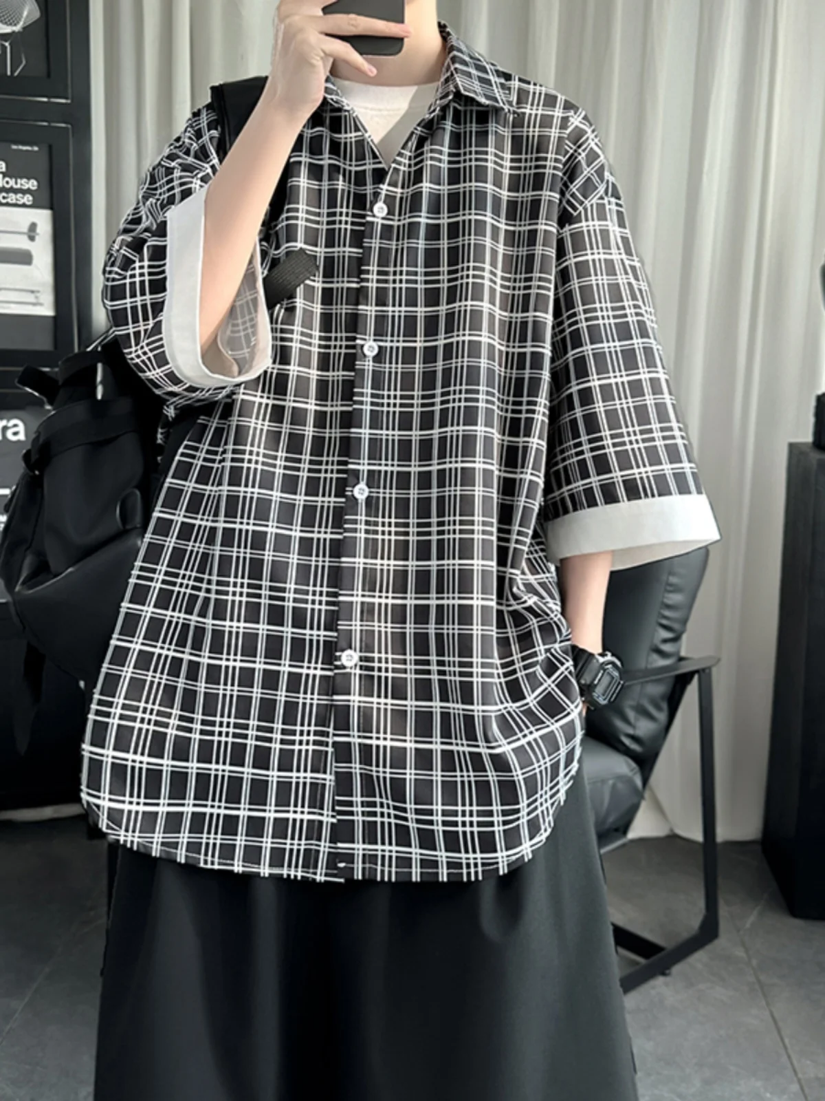 Black Plaid Short Sleeve Men's Shirt Summer Thin Ice Silk Sleeveless Oversize Sun Protection Casual Fashion Trendy Youth Shirt