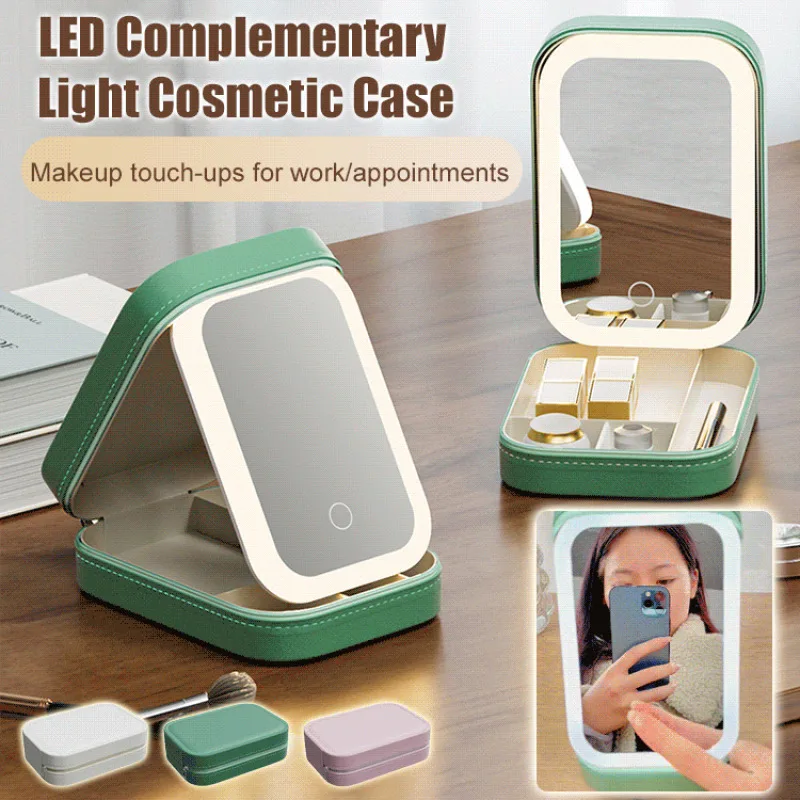 Makeup Storage Box LED Mirror Cosmetics Storage Box Fashion Portable Travel Makeup Bag Simple Makeup Case with Mirror for Women