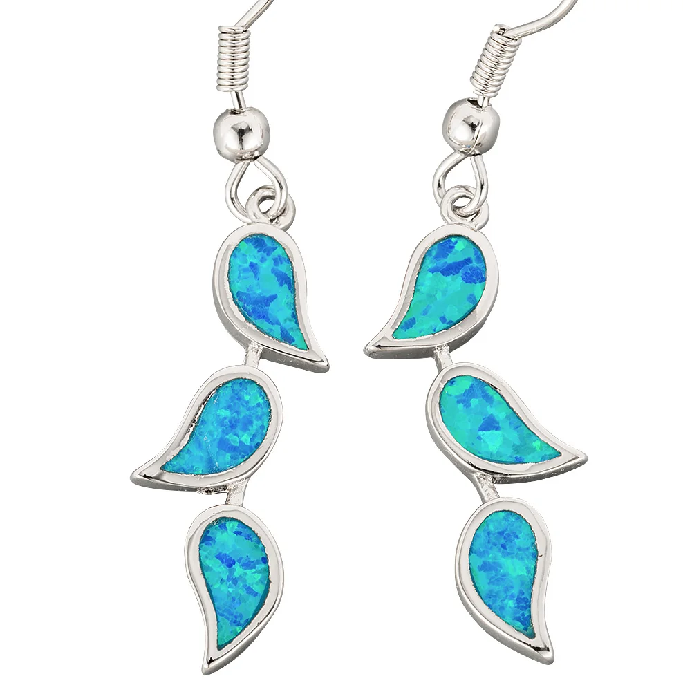 KONGMOON 3 Nature Leaf Shape Ocean Blue Fire Opal Jewelry for Women Dangle Drop Earrings