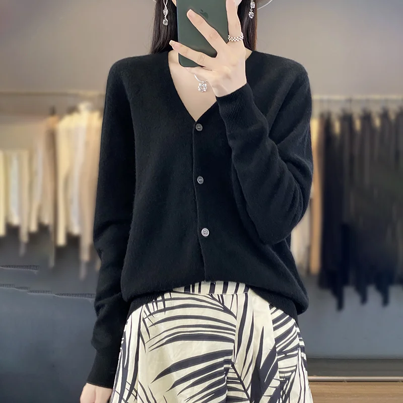 Cárdigan de lana merina para mujer, suéter de cachemira suave con cuello en V, prendas de punto abotonadas, ropa informal, camisa de estilo coreano,