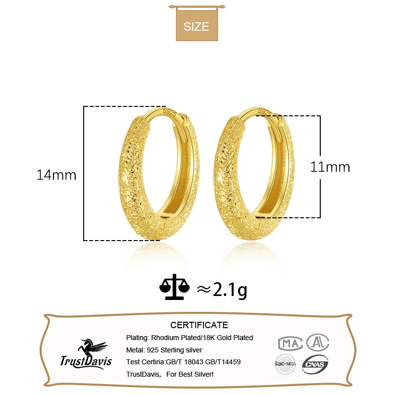 TrustDavis Real 925 Sterling Silver Cute 18K Gold Grind Arenaceous Hoop Earrings For Women Wedding  Birthday Jewelry Gift DG0042