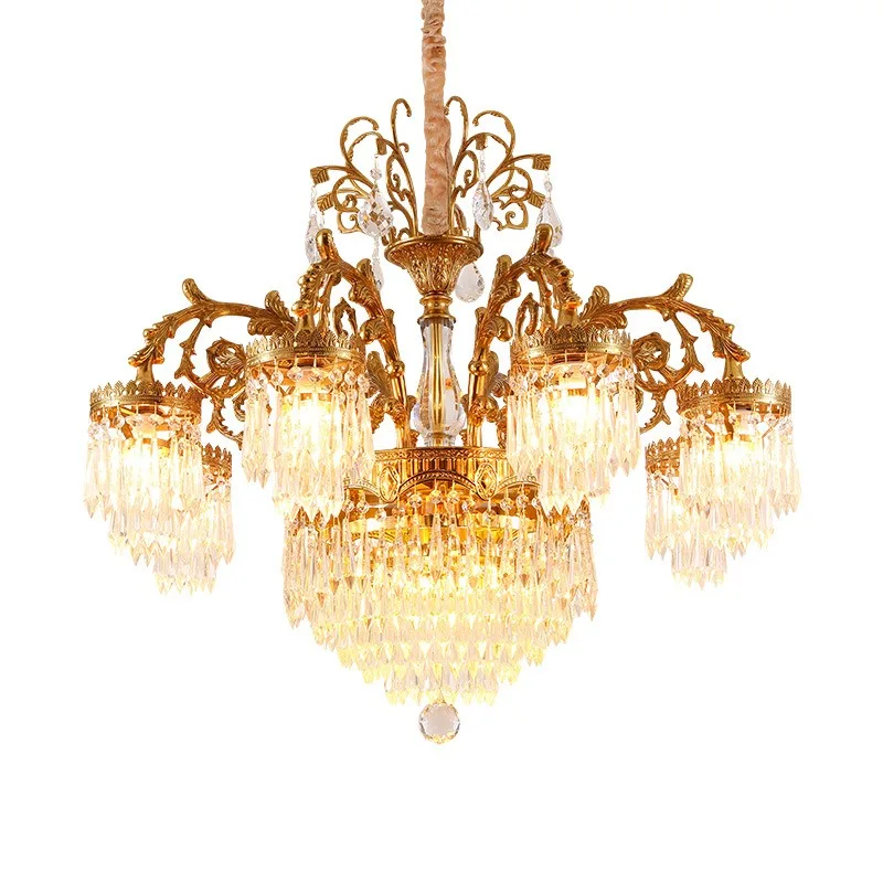 French retro all-copper crystal chandelier, European-style villa duplex building with high height, large living room