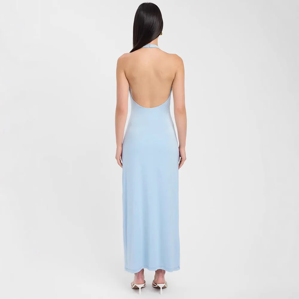 2025 Summer New Women's Solid Color V Neck Sexy Backless Ring Halter Dress Sleeveless Bodycon Midi Party Dress