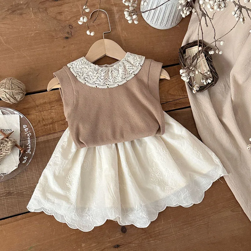 2026 Summer Baby Vest 3-24M Lace Collar Girls Tee Toddler Base Layer Hollow-out Love Infant Sleeveless T-shirt