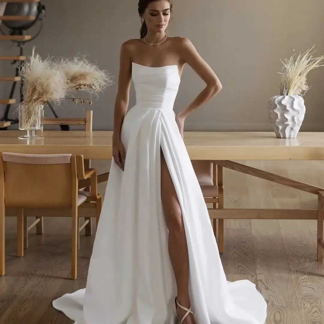 Customize To Measures A-Line Wedding Dress Satin Side Slit Floor Length Pleat Side Slit Bridal Gowns Stunning Pleat Stunning