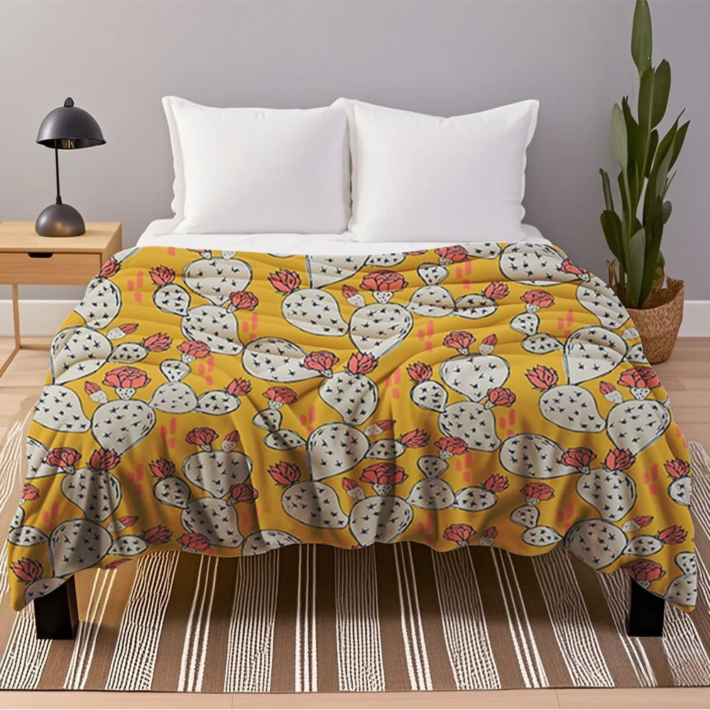 

Flannel Blanket Coral Flowering Cactus On With Moisture-Wicking Vintage Pattern Bedspread Hospitality Bedding Blankets