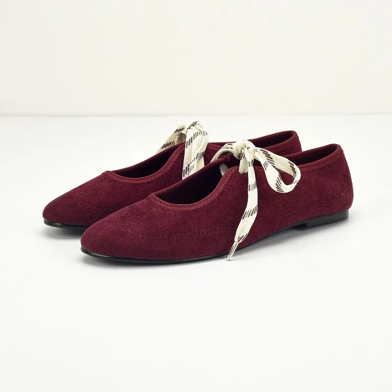 Casual Lace Up Red Ballet Flats Shoes for Women Comfortable Cloth Mary Janes Footwear Spring Autumn Round Toe Ladies Loafers view 2