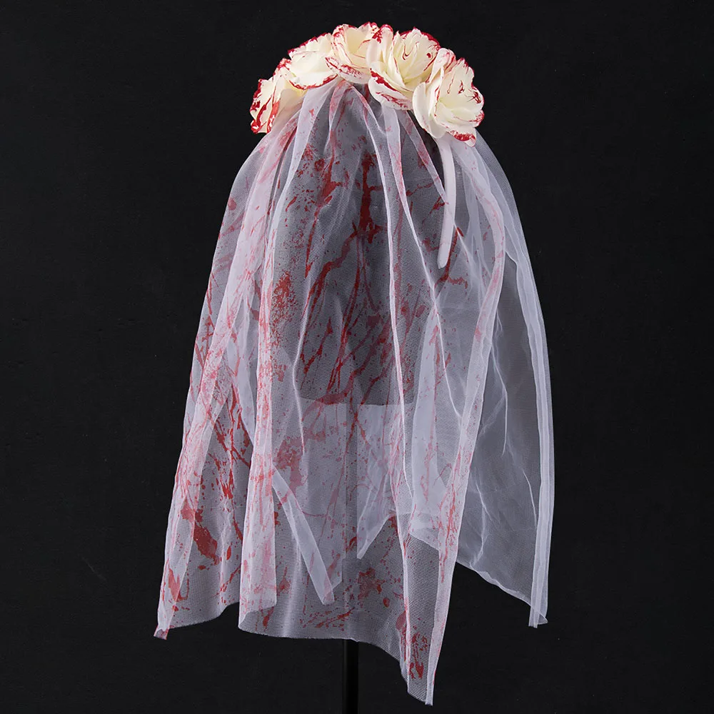 Halloween Ghost Bride Bloodshed Veils Hairband Gothic Bloodstained Roses Headband Women Girls Cosplay Costume Hair Accessories