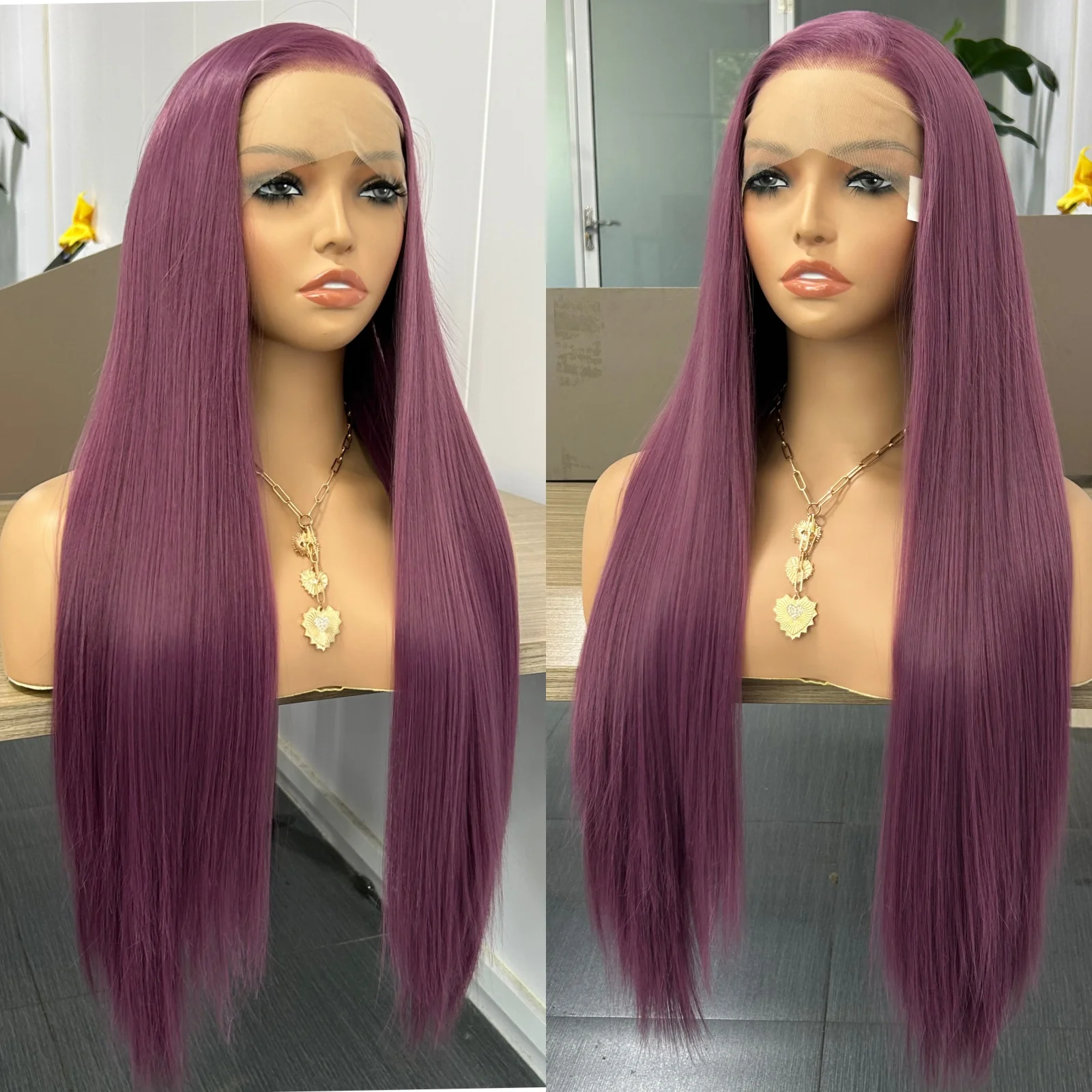 Long Silky Straight Purple Synthetic Lace Front Wigs for Women Free Part Dark Purple Colored Hair 13X4 Lace Heat Resistant Fiber