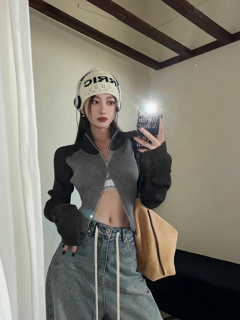 

Gothic Retro Cardigan Women Long Sleeve Slim Turtleneck Cardigan Sweater Patchwork Y2k Vintage Tops Autumn Winter