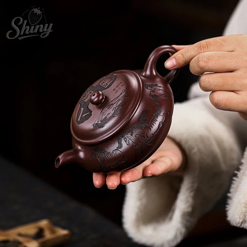 ييشينغ يدويا الأرجواني الطين إبريق الشاي الأسرة الكنز العتيقة الأرجواني الطين ثمانية الخيول تصميم تخمير إبريق الشاي Gongfu طقم شاي