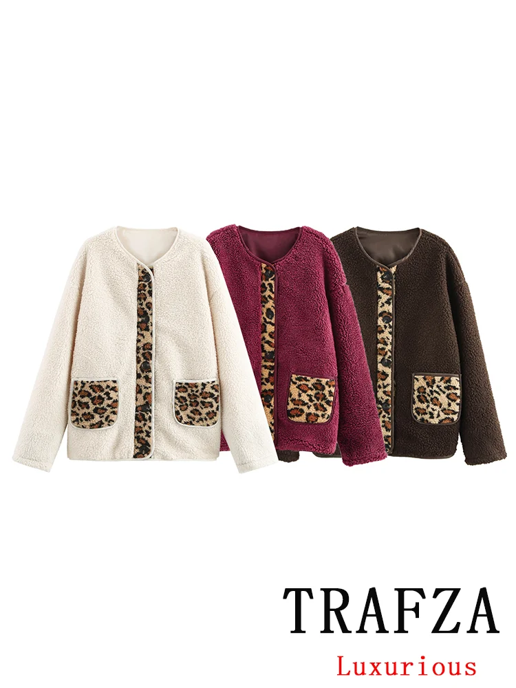 TRAFZA Vintage Casual Chic Women Jackets Leopard Patchwork O-Neck Long Sleeve Warm Coat New Fashion 2024 Autumn Winter Outwear