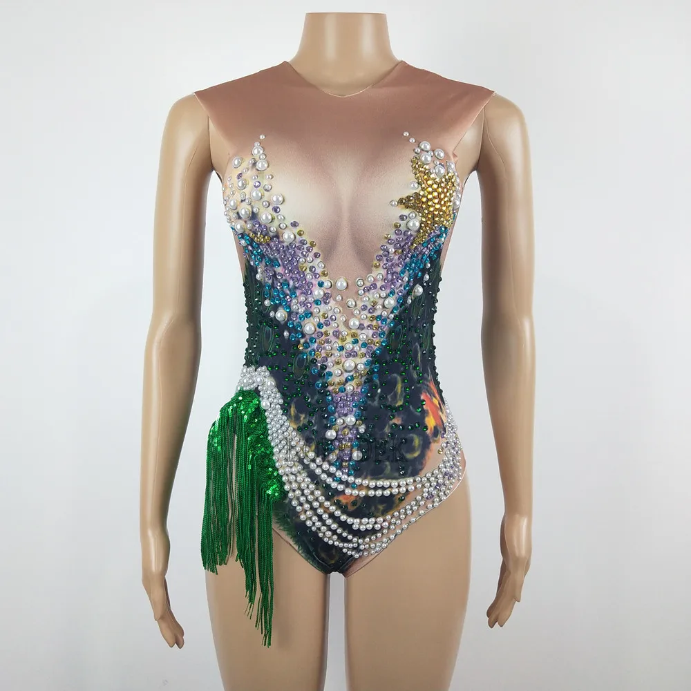 

Sexy Peacock Pattern Printed Tassel Bodysuit DJ Dancer Pole Dance Crystals Fringe Leotard Bar Women Singer Stage Party Costume