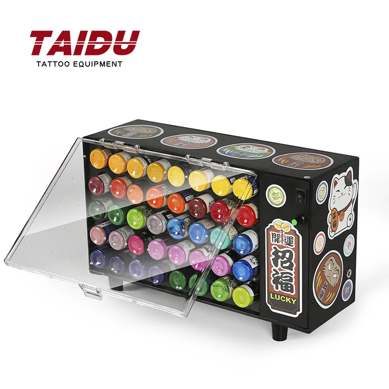 TAIDU NEW Multi Functional Rotating AC Input Tattoo Ink Display Stand 40 Holes Tattoo Pigment Bottle Rack Storage Case Box