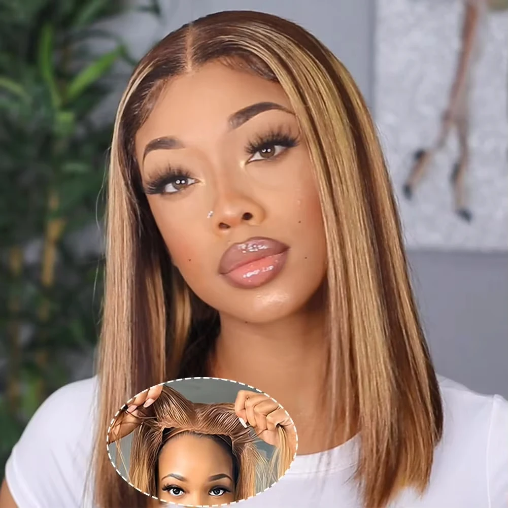Short Bob Highlight Wigs Colored Straight Lace Front Human Hair Wigs For Women Honey Blonde Straight 6x4 Glueless Wigs Human Hair 100% Human Hair