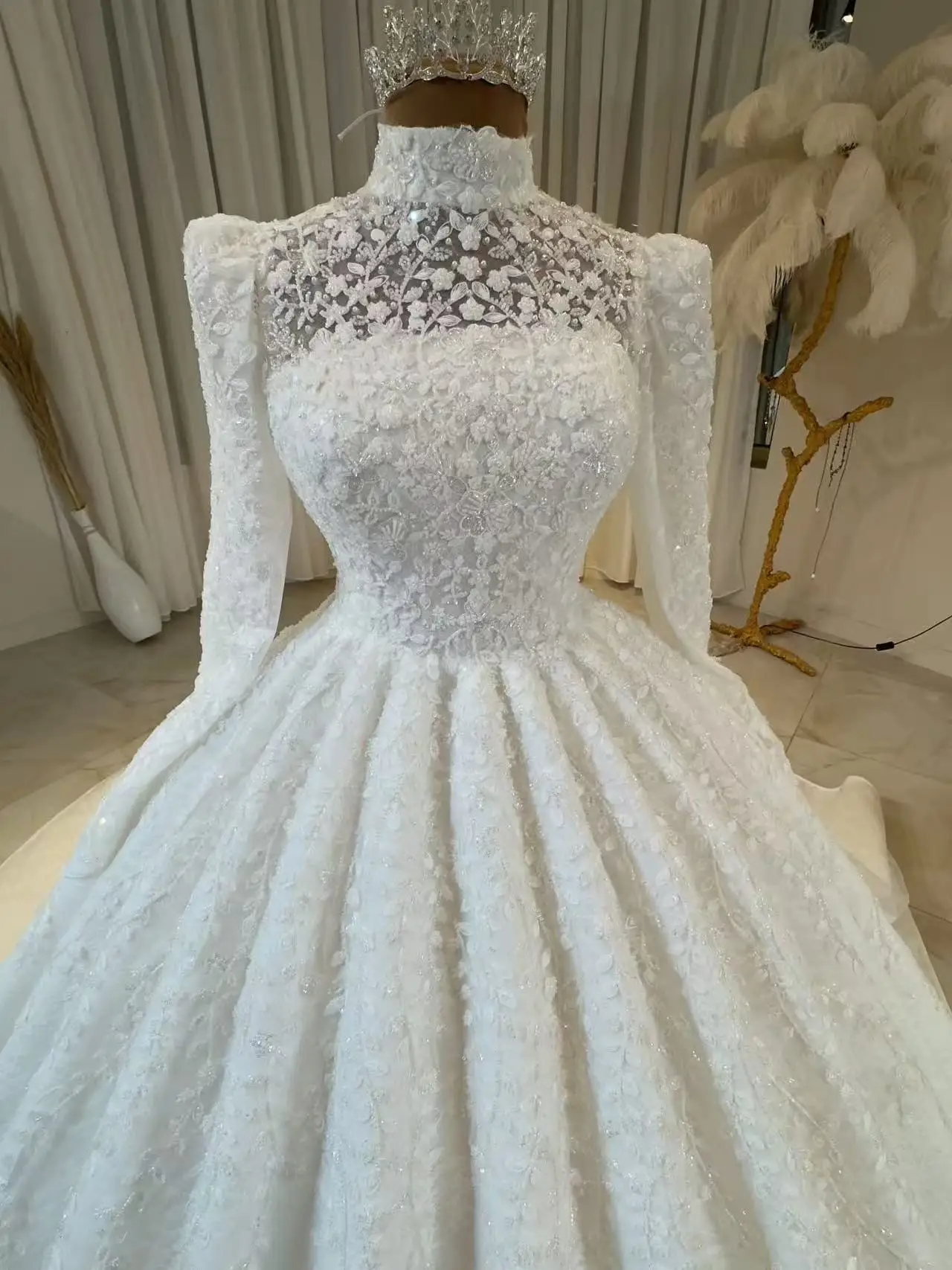 Customized Graceful Wedding Dresses High Collar Long Sleeves Ball Gowns Beads  Garden Bride vestido de novia boda