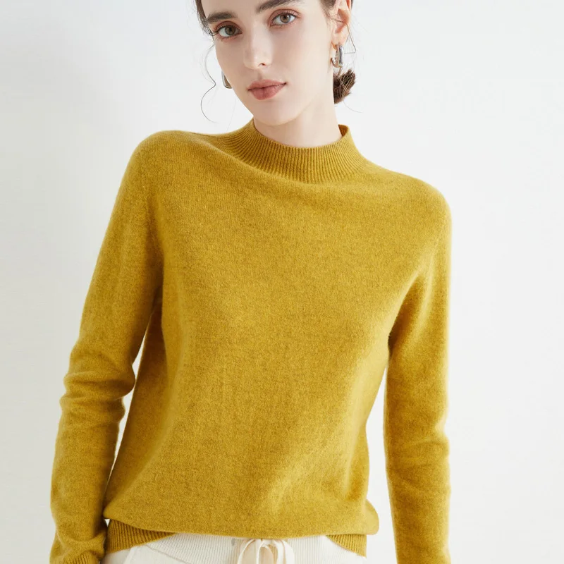 100% Wool Ladies Sweater Half Turtleneck Cashmere Sweater Knit Fashion Korean Style Ladies Pullover Regular Style Ladies Sweater