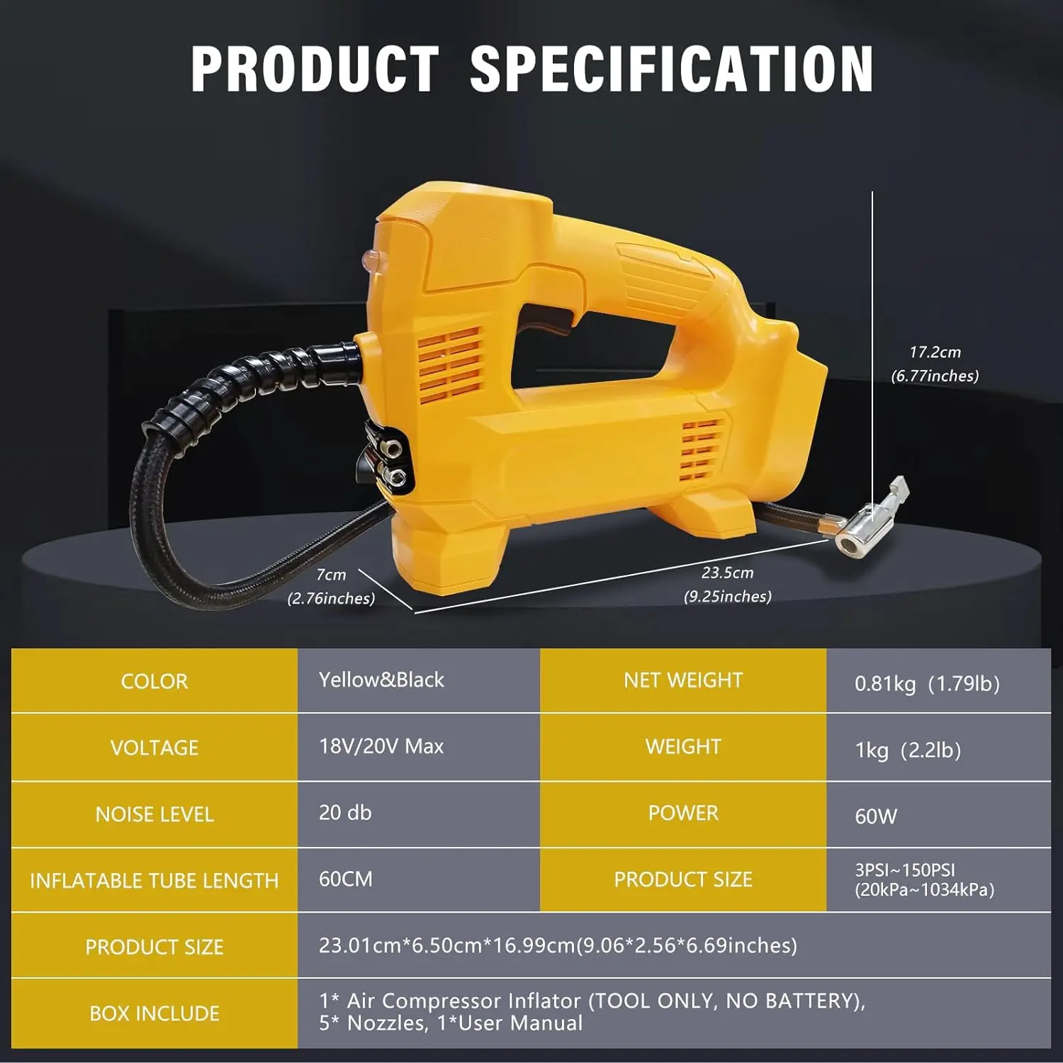 Imagem -04 - Bomba de ar Portátil com Luz Led Ferramenta Elétrica para Manômetro Digital Bateria Li-ion sem Fio Dewalt Milwaukee Makita 60w