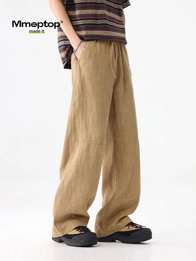 

Casual Loose Wide Leg Pants Men's Dstring Elastic Waist Khaki Color Linen Sle Faion Brand Mmoptop Spring Season