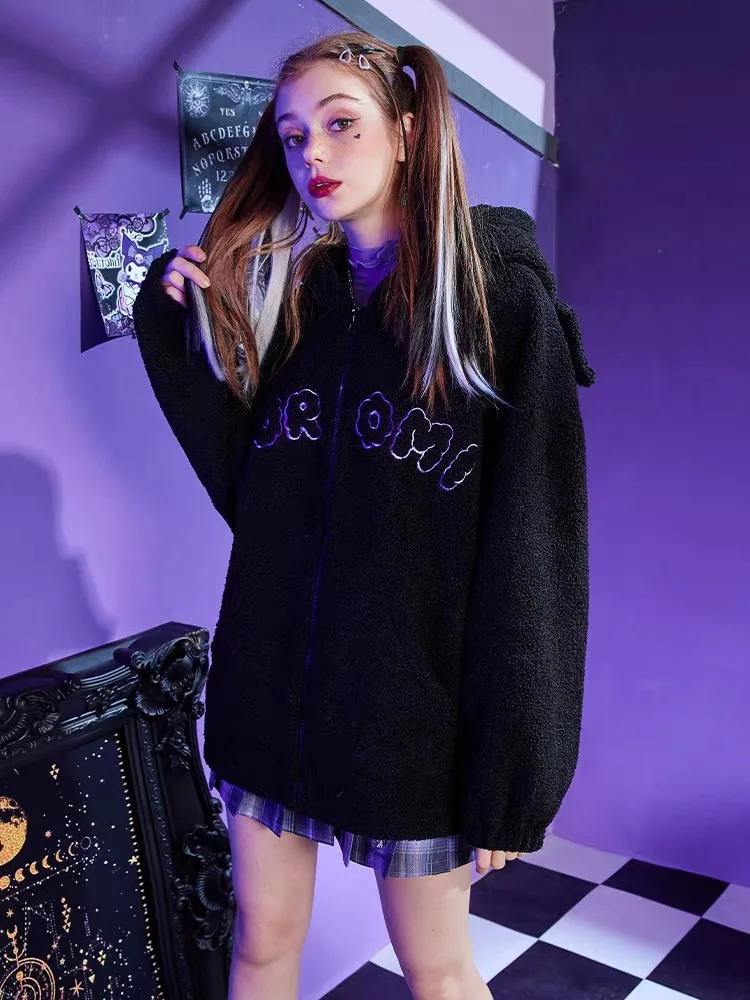 Sanrio Anime Kuromi Clothes Women Black Embroidery Hoodies Y2k Tops Autumn Winter Thin Coat Female Fashion Loose Sweatshirt