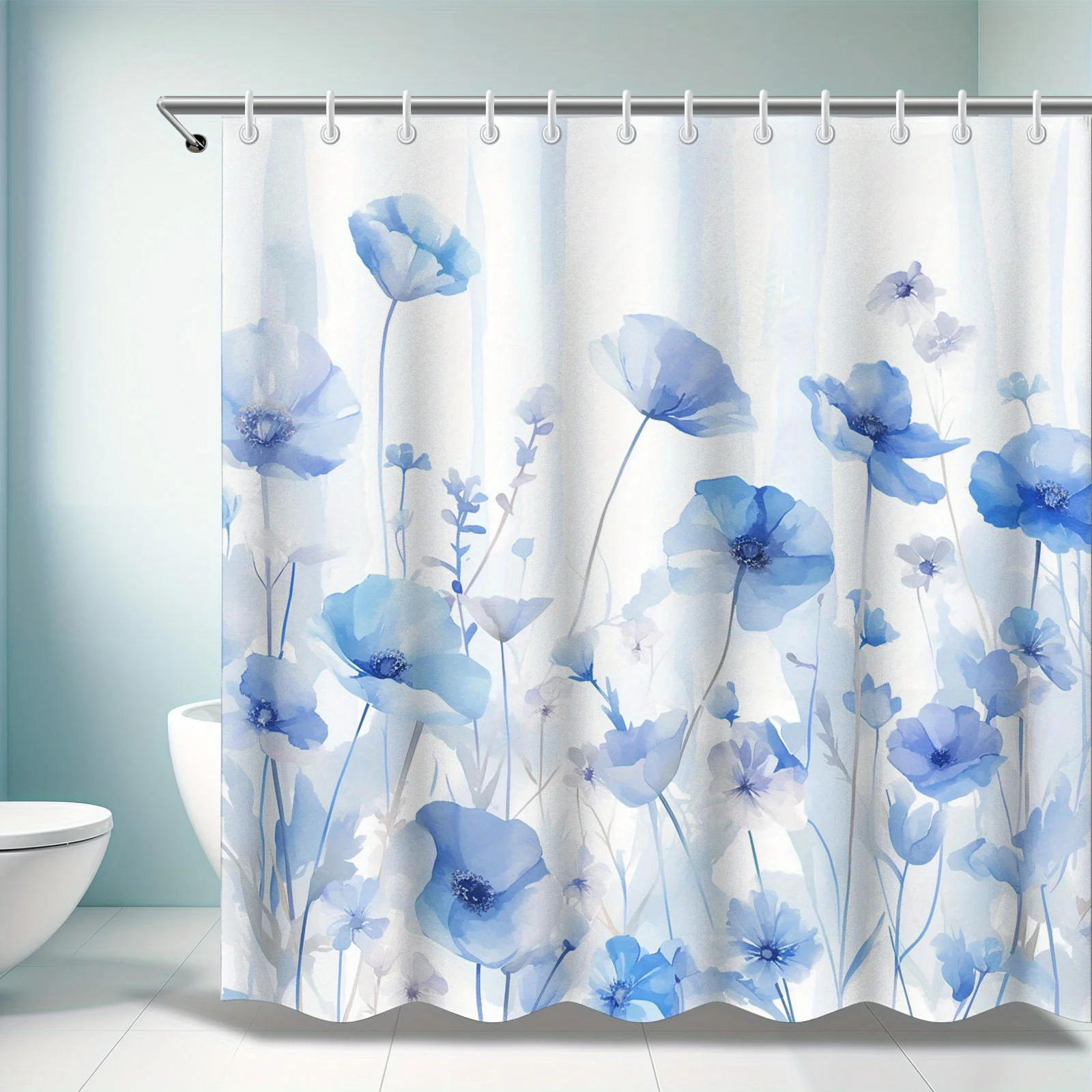 Blue Floral PEVA Shower Curtain - Thickened, Non-Hole Design, Easy Install, Includes 12 Hooks, Elegant Bathroom Decor