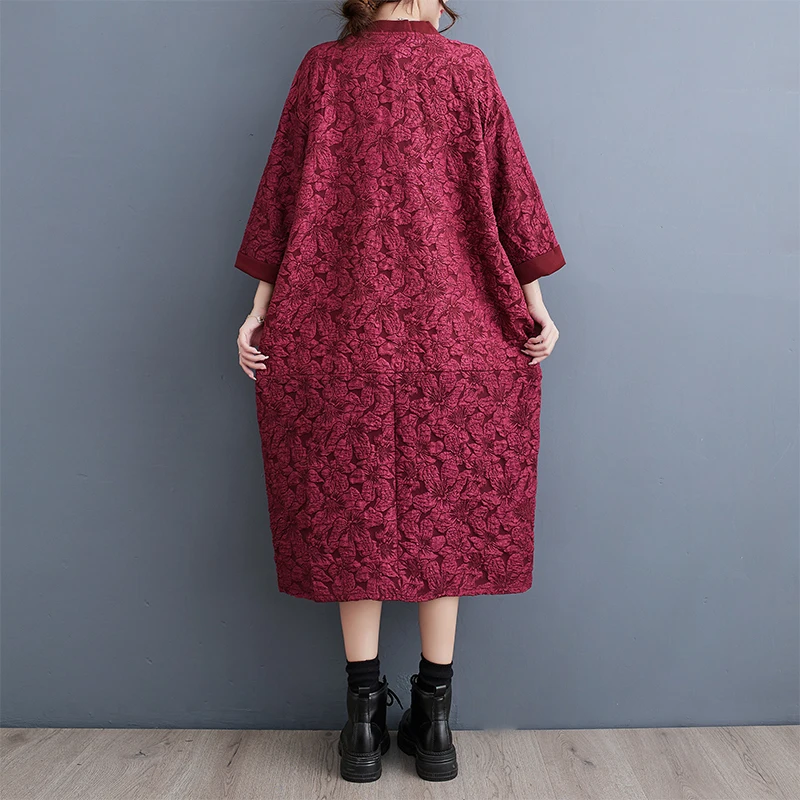 Ele V-Ne Color Blo Midi Dr Korean Sle Faion Trend Autumn Wear Large Size Crtsmanip Long Sve Dr