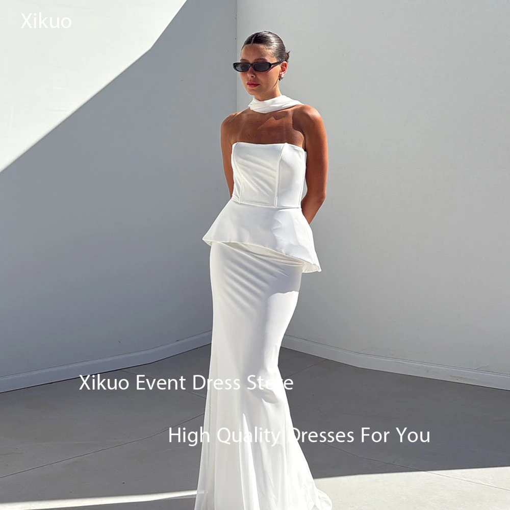 

Xikuo Elegant Satin Wedding Dresses Mermaid Corset Floor Length Bridal Gown Strapless Lace Up Back Vestidos De Novia Customized