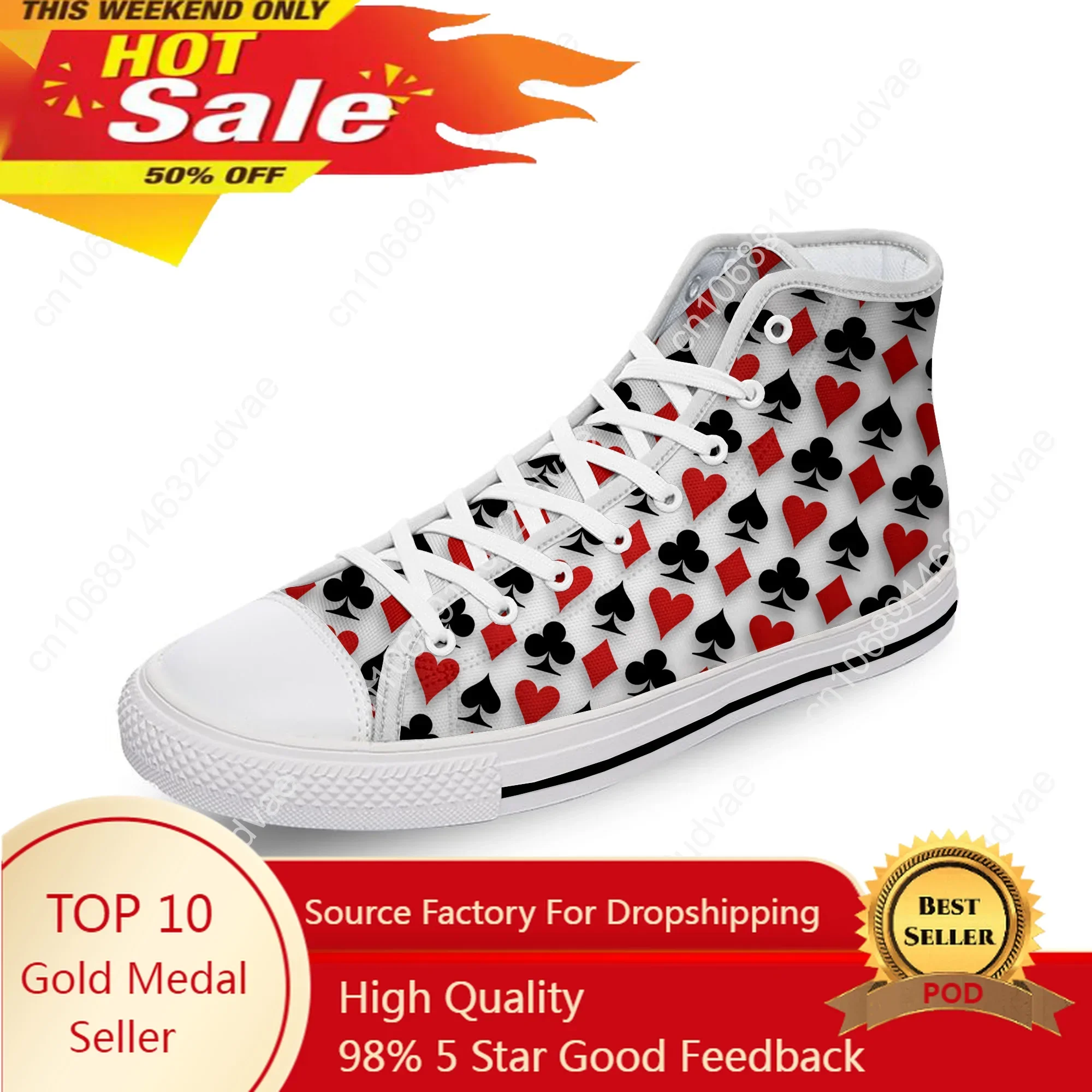 

Playing Card Poker Popular Cool White Cloth Fashion 3D Print High Top Canvas Shoes Men Women Lightweight Breathable Sneakers