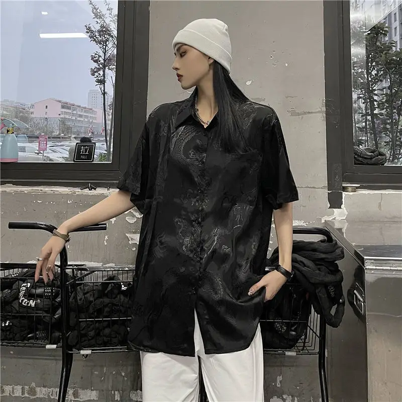 QWEEK Vintage Harajuku Punk Blouse Women Dragon Print Shirt Chinese Style Short Sleeve Button Up Tops Black Oversized Clothes