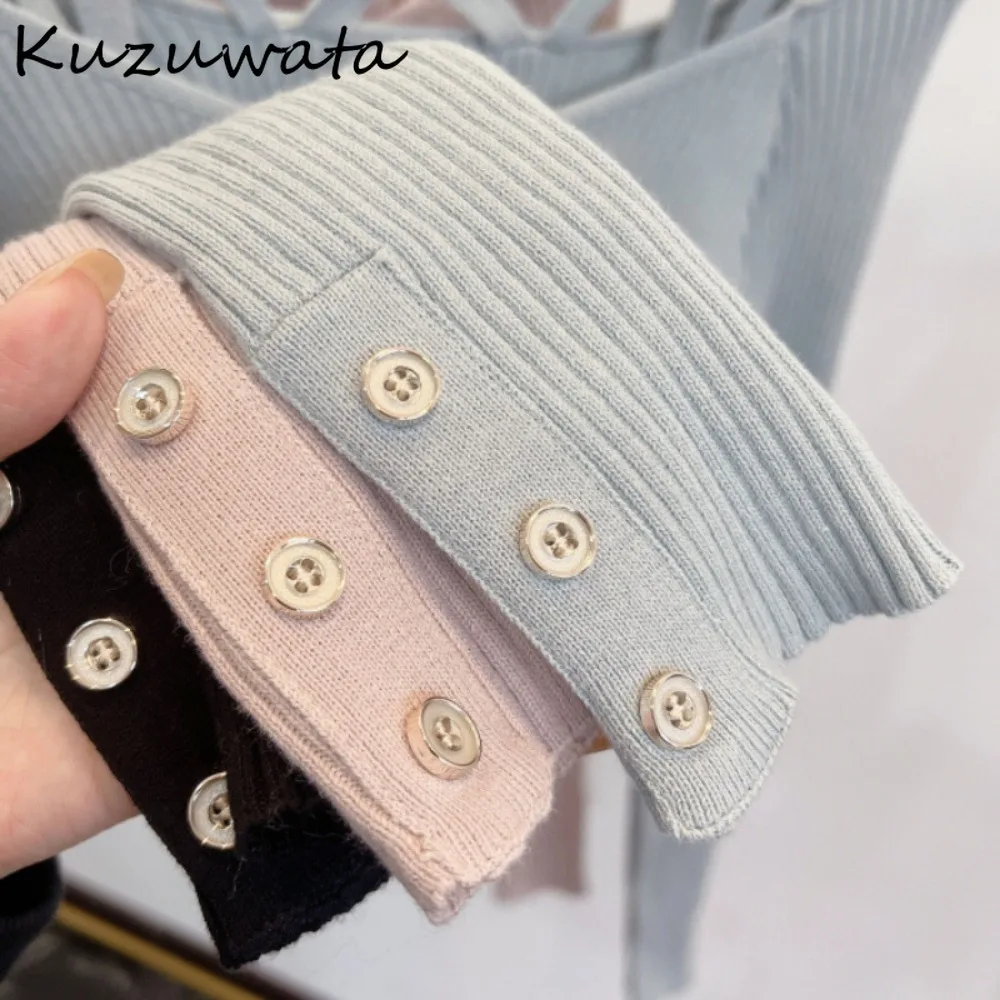 Kuzuwata Sexy Long Sleeve Square Collar Temperament Sweaters Lace Up Off Shoulder Elegant Knitwear Japan Fake Two-piece Set Tops