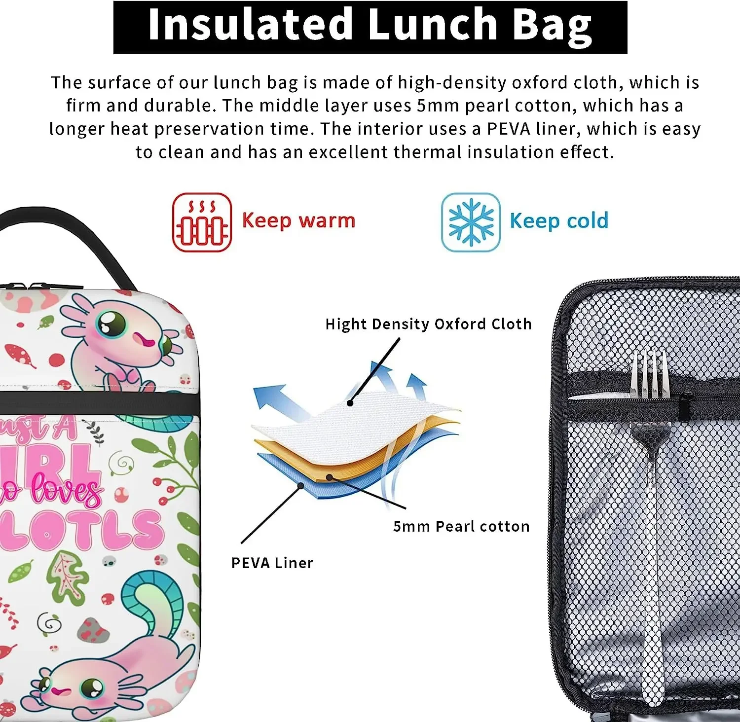 Who Loves Axolotls Reusable Insulated Lunch Bag Portable Leak-Proof Cooler Bag with Bottle Holder for Work Picnic Hiking Camping