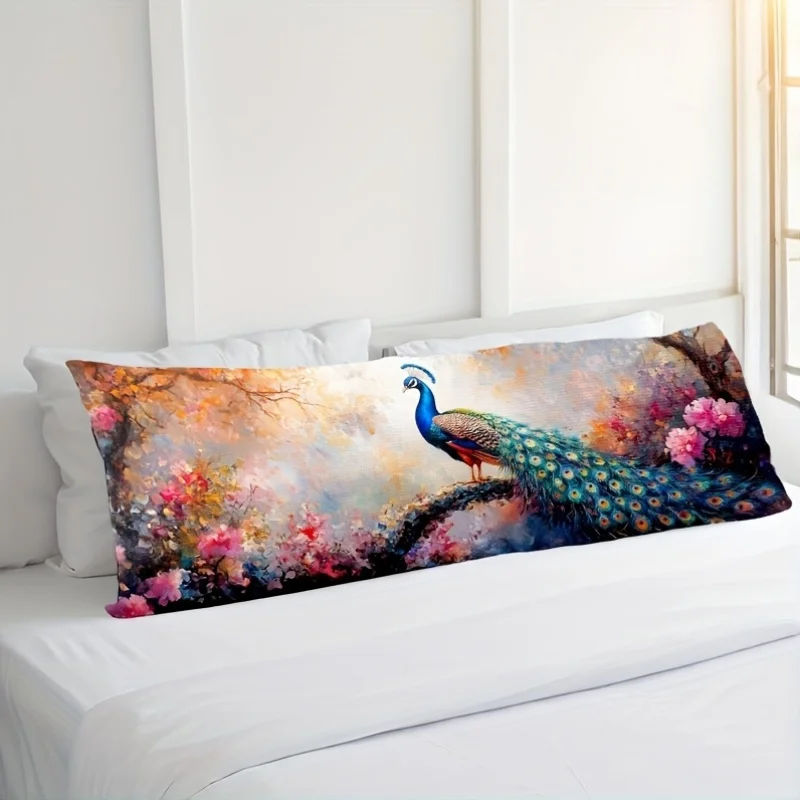 1pc Soft Long Lumbar Pillow Cover, Double-Sided Printed with Beautiful Peacock And Flowers, Suitable for Farmhouse Indoor Or Out