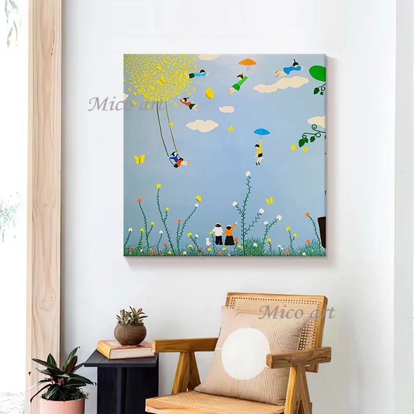 

Красивая девушка и мальчик, мультяшные художественные картины, безрамные абстрактные рисунки, ручная роспись, пейзажная картина, большой размер, холст, декор, стена