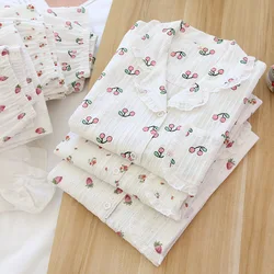 Women's Sweet Long Sleeves Pants Home Clothing Lace Lapel Pockets Printing Pajamas Loose and Casual Cotton Gauze Sleepwear