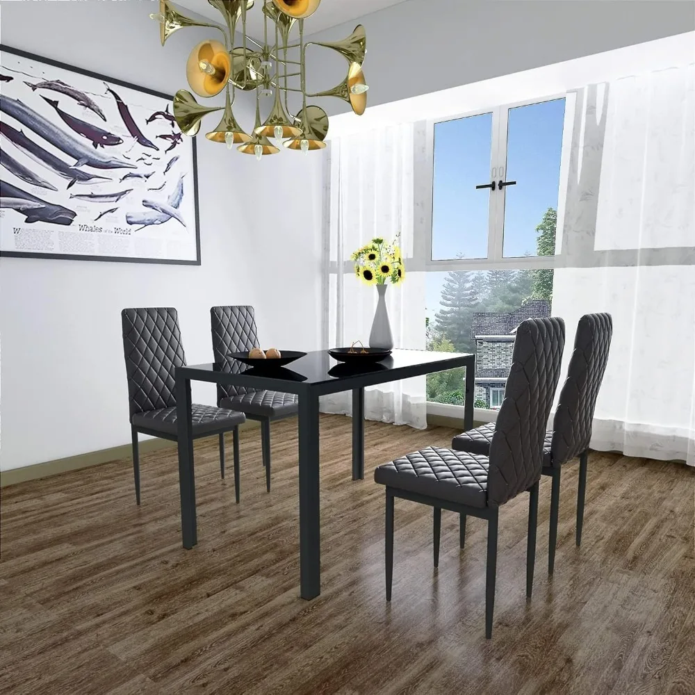 

5PCS Dining Room Table Chairs Sets Kitchen Room Tempered Glass Dining Table with 4 Faux Leather Metal Chairs Table and Chair Set