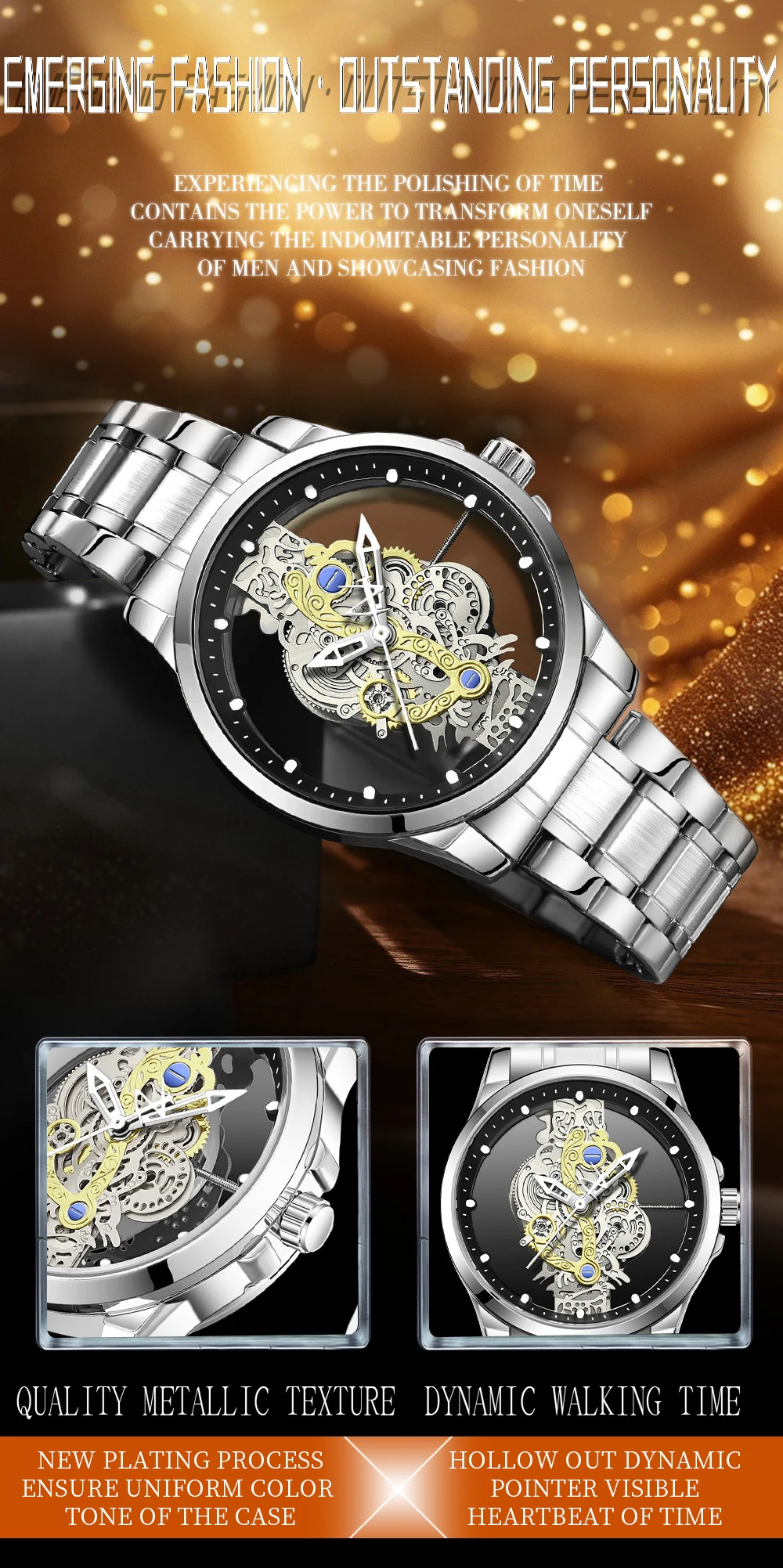 OFNS 7109 ساعة كوارتز رجالية فاخرة موضة الاتجاه شفافة مجوفة مضيئة مقاوم للماء ساعة كوارتز رجالية