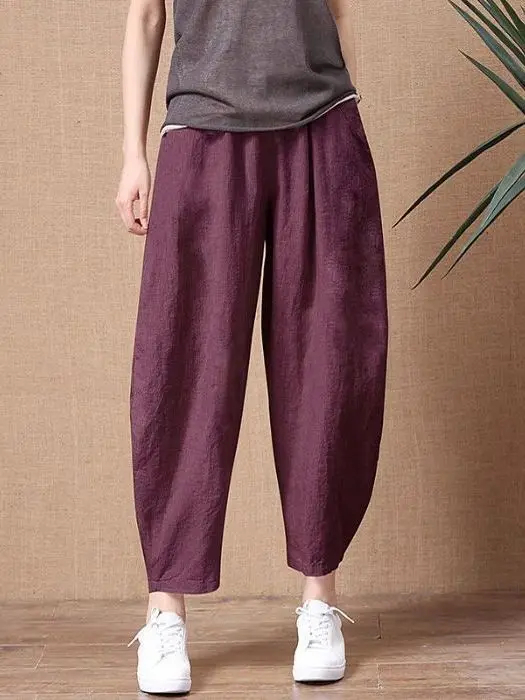 Cotton Linen Women's Summer Loose Fit Casual Harem Pants High Waist Nine Points Thin Material Comfortable Elastic Waist