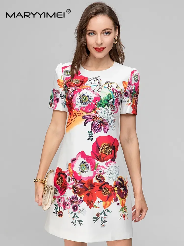 

MARYYIMEI Fashion Designer Summer dress Women's Dress O-Neck Short Sleeve Diamonds Flower Printing White Dresses