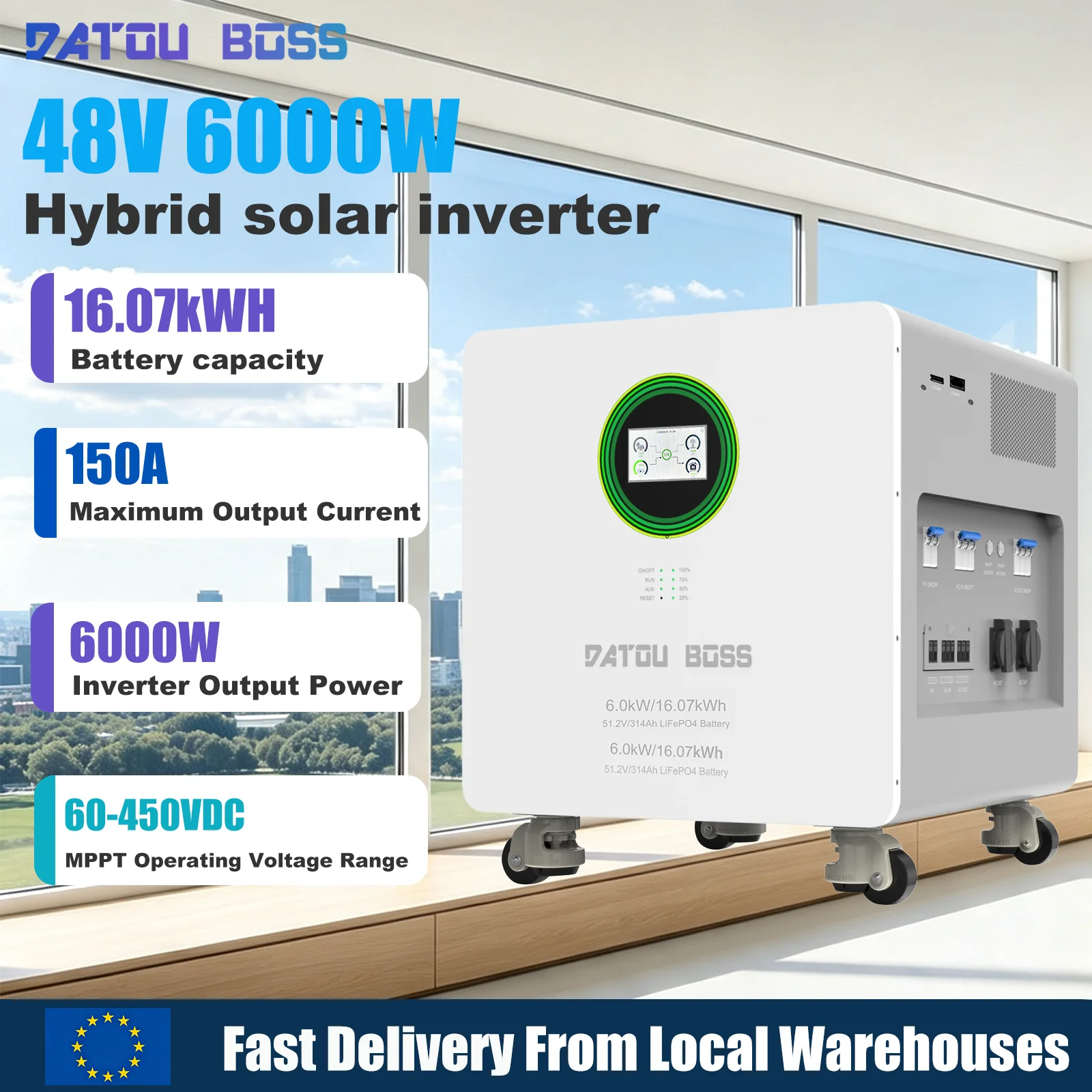 Image of DATOUBOSS All-in-One Heim-Solarsystem 51,2V/314Ah LiFePO4-Batterie 16,07KWh Kapazität Eingebauter Wechselrichter 6200W Notstromversorgung
