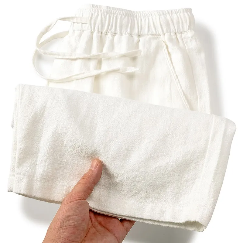 

Men's Summer Cotton Linen Casual Loose Five-Point Pants Thin Straight Cut Breathable Big orts White Medium-Length Casual Tr...