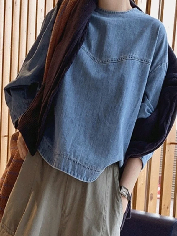 

Loose Casual Denim Short Shirt Women's Autumn Nine Sleeve Loose Fit Vintage Hong Kong Style plus Size 300 Pounds Top