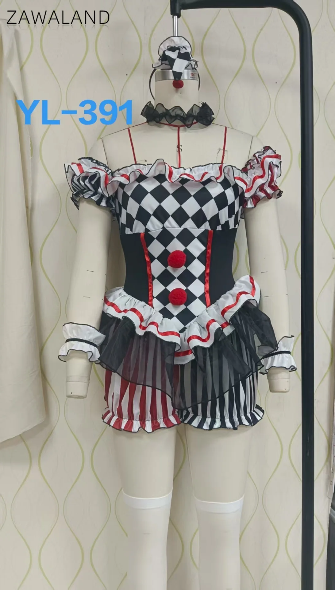 Schwarz Weiß Plaid Clown Cosplay Kostüm Für Frau Off Schulter Puff Sleeve Kleidung Karneval Festival Party Leistung Outfits
